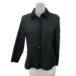 Jacqueline Riu Women's Black Long Sleeve Plisse Pleated Button Down Shirt Top 4
